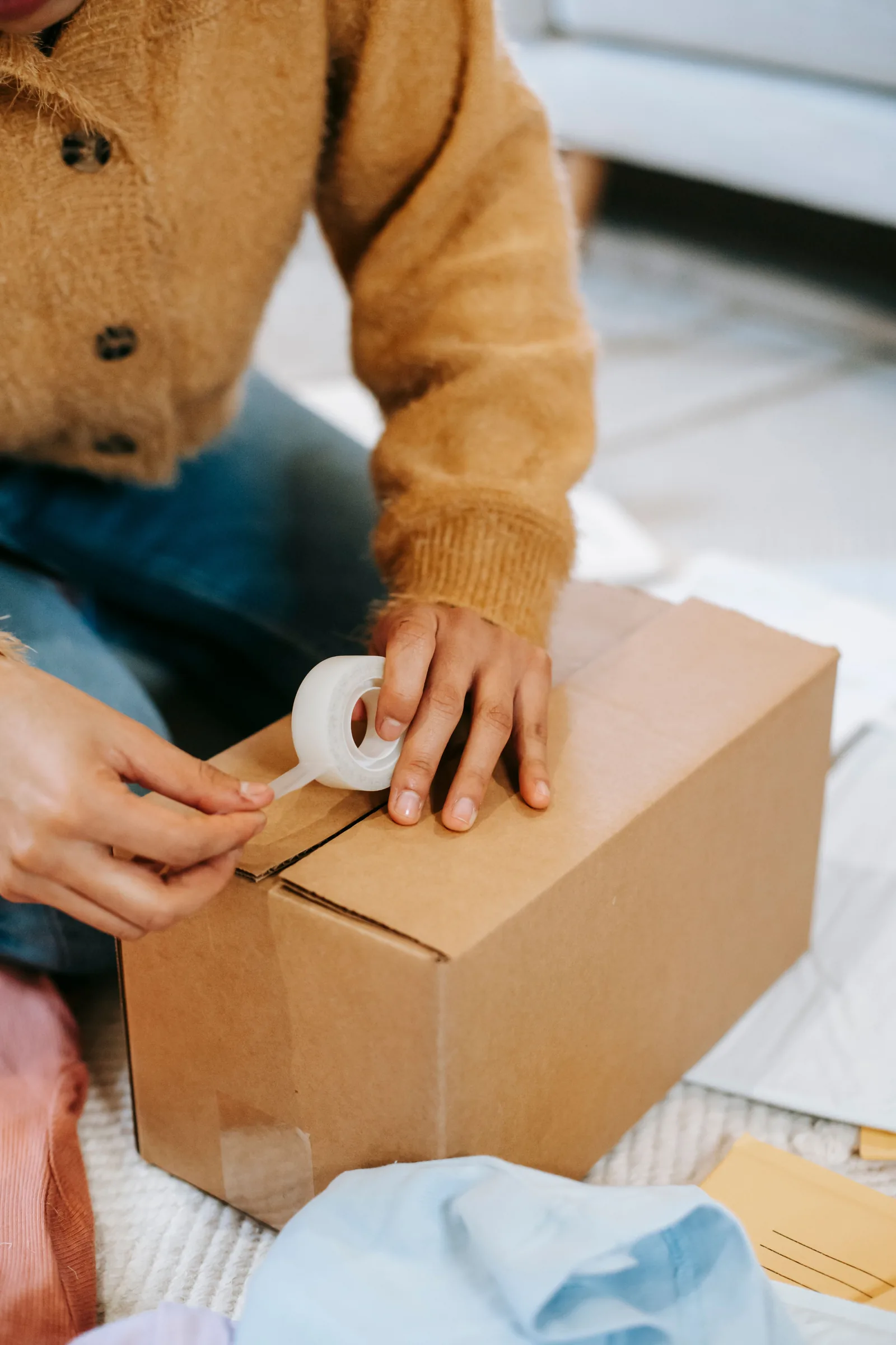 Parcel being sealed with packing tape